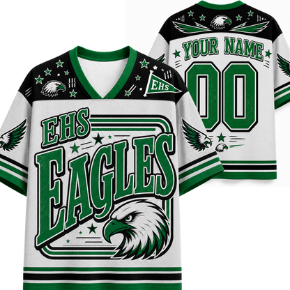 White and green custom high school Eagles jersey shown from the front and back, featuring 'EHS EAGLES' text, eagle graphics, stars, and placeholder text 'YOUR NAME' and '00'.