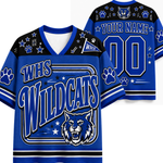 Customizable royal blue and black hockey-style jersey shown from front and back, with 'WHS Wildcats' text, paw prints, star motifs, a wildcat graphic, and placeholder name/number areas on the back.