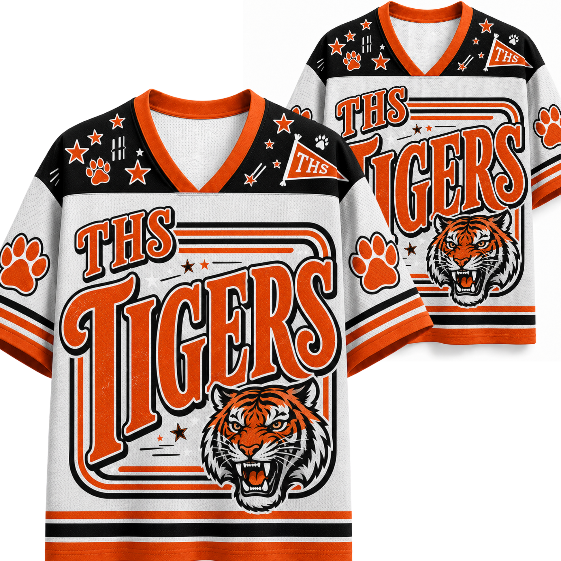 Two views of a custom V-neck athletic jersey featuring 'THS TIGERS' in orange lettering, a roaring tiger graphic, paw prints, and orange and black accents on a white background.