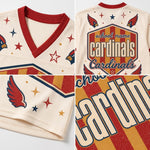 A 2x2 collage showing details of a custom sports jersey, including the front V-neck collar, the back with a large 'Cardinals' shield graphic, a wing and star detail, and a close-up of the 'Cardinals' text on the cream mesh fabric.