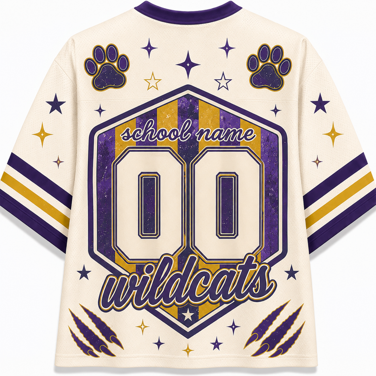 Customizable cream-colored athletic jersey shirt with purple and gold graphics, featuring a large '00' and 'wildcats' text on the back, along with paw prints and stars.