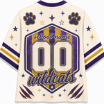 Customizable cream-colored athletic jersey shirt with purple and gold graphics, featuring a large '00' and 'wildcats' text on the back, along with paw prints and stars.