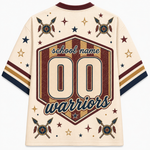 A cream-colored short-sleeve jersey shirt shown from the back, featuring a large central shield graphic with the text 'school name 00 warriors' in navy and brown, surrounded by stars and crossed arrows with feather details on the shoulders and sleeves.