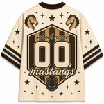 Customizable cream-colored mesh jersey shirt shown from the back, featuring a large shield graphic with 'school name', number '00', and 'mustangs', flanked by horse head illustrations, stars, and a horseshoe on the sleeves.