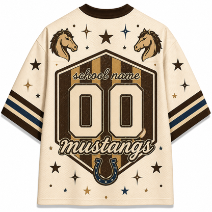 Customizable cream-colored mesh jersey shirt shown from the back, featuring a large shield graphic with 'school name', number '00', and 'mustangs', flanked by horse head illustrations, stars, and a horseshoe on the sleeves.