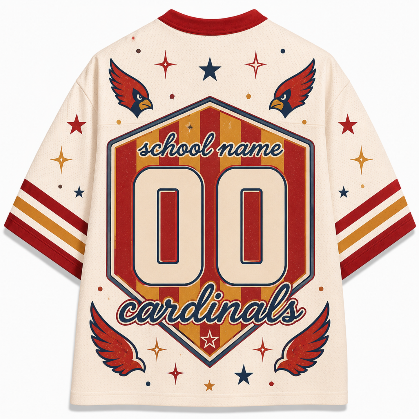 A custom Cardinals school name jersey shown from the back, featuring a cream base with red and gold graphics, including a large '00' in the center, 'school name' and 'cardinals' text, and red cardinal wings.