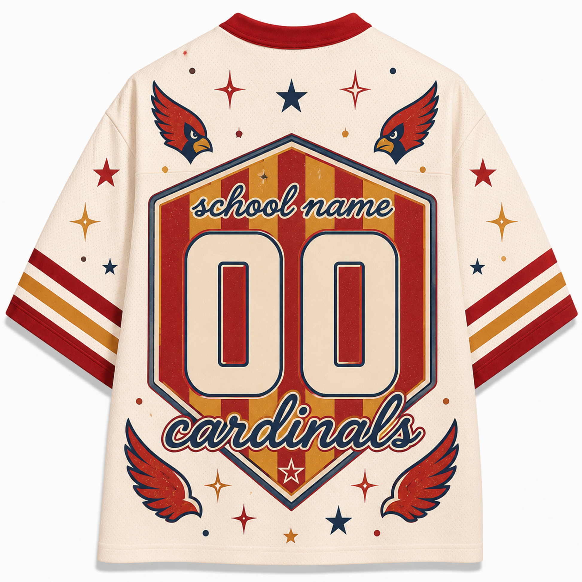 A custom Cardinals school name jersey shown from the back, featuring a cream base with red and gold graphics, including a large '00' in the center, 'school name' and 'cardinals' text, and red cardinal wings.