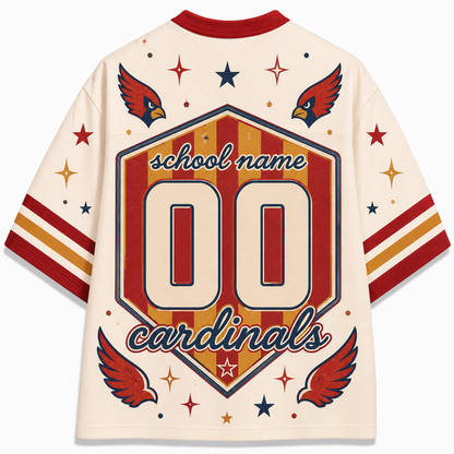 A custom Cardinals school name jersey shown from the back, featuring a cream base with red and gold graphics, including a large '00' in the center, 'school name' and 'cardinals' text, and red cardinal wings.