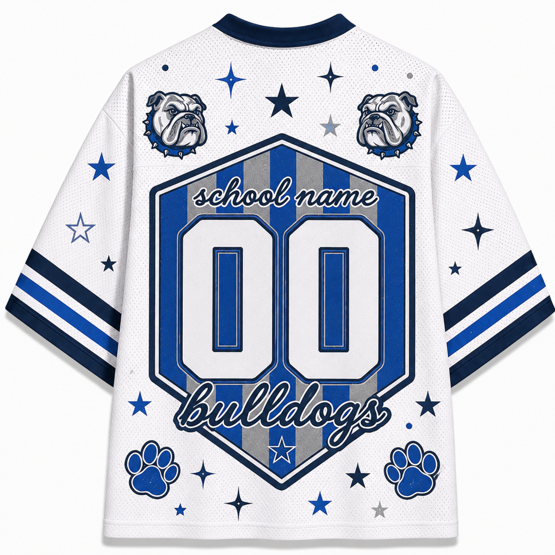 White mesh athletic jersey with navy and blue graphics, featuring bulldog head logos, star motifs, paw prints, and a large customizable number 00 on the back with the words 'school name' and 'bulldogs'.