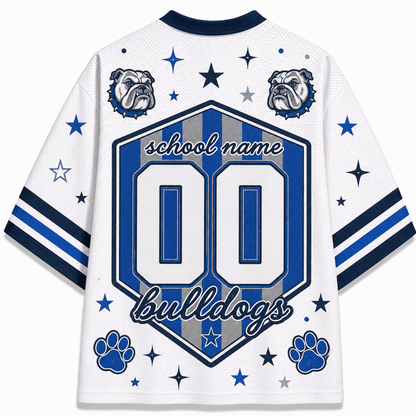 White mesh athletic jersey with navy and blue graphics, featuring bulldog head logos, star motifs, paw prints, and a large customizable number 00 on the back with the words 'school name' and 'bulldogs'.