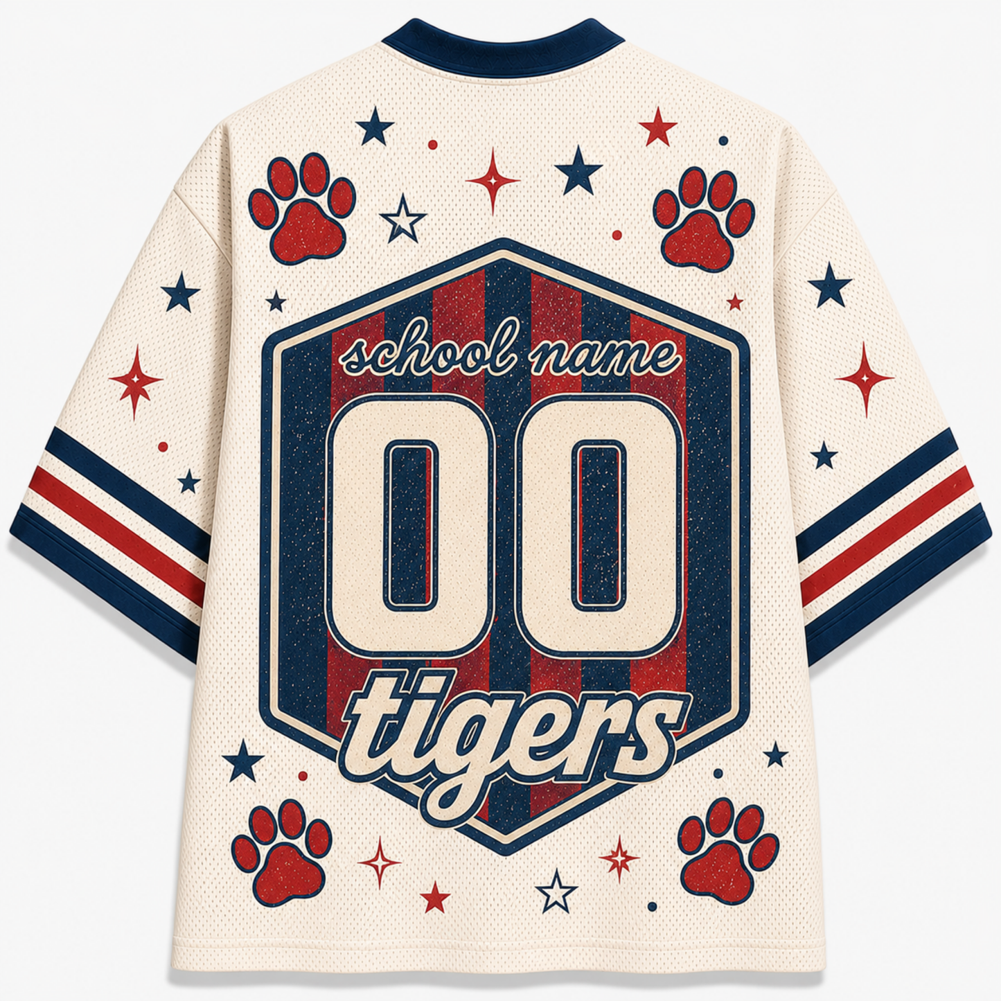 A cream-colored mesh short-sleeve jersey shown from the back, featuring a large navy and red hexagonal graphic with the text 'school name', '00', and 'tigers'. The design is decorated with red paw prints, red and navy stars, and red and navy stripes on the sleeves.