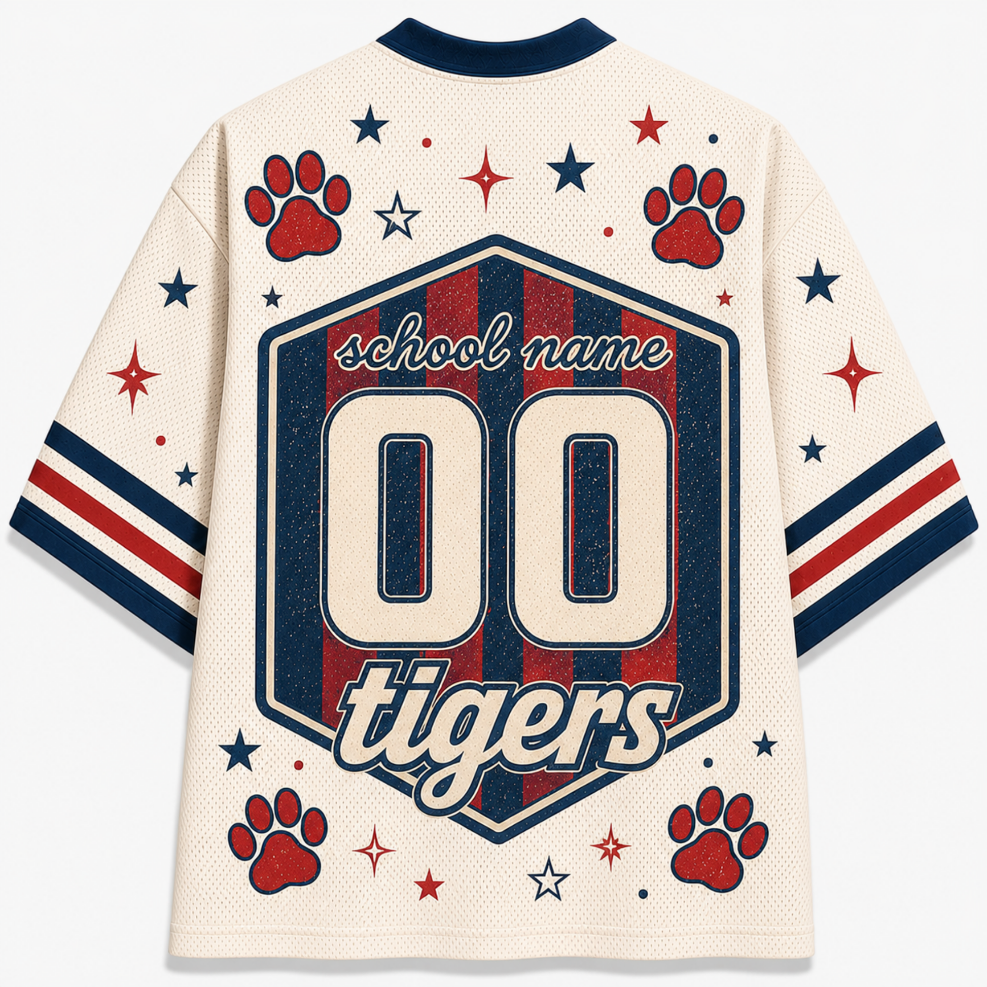 A cream-colored mesh short-sleeve jersey shown from the back, featuring a large navy and red hexagonal graphic with the text 'school name', '00', and 'tigers'. The design is decorated with red paw prints, red and navy stars, and red and navy stripes on the sleeves.