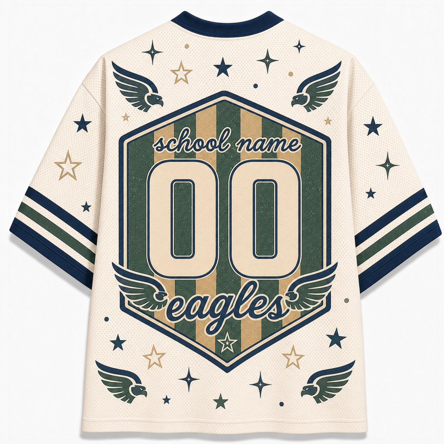 A cream-colored mesh athletic jersey shown from the back, featuring a large central shield graphic with the text 'school name', '00', and 'eagles' in navy and tan. The jersey has navy and tan striped sleeves with matching navy and tan stars and eagle wing motifs.