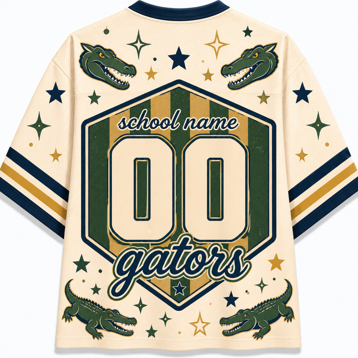A cream-colored athletic jersey shown from the back, featuring green and navy blue graphics. The design includes two alligator heads near the shoulders, green and gold stars, a central shield with the text 'school name', '00', and 'gators', and two alligators near the lower hem.