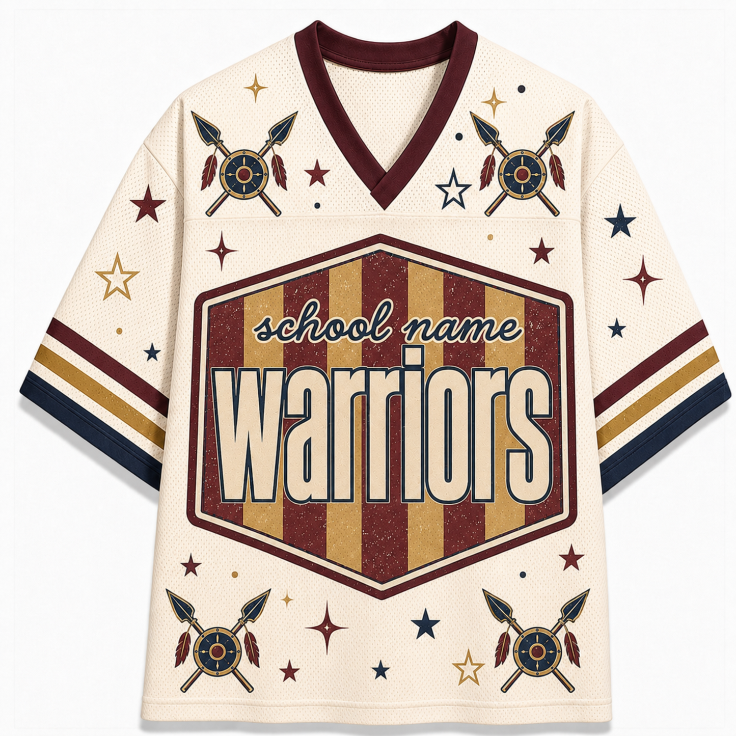A cream-colored retro hockey-style jersey with a V-neck, featuring a large central shield graphic that reads 'school name warriors' in distressed maroon and gold stripes. The jersey is decorated with crossed arrows, stars, and feathers in maroon, navy, and gold on the sleeves and shoulders.