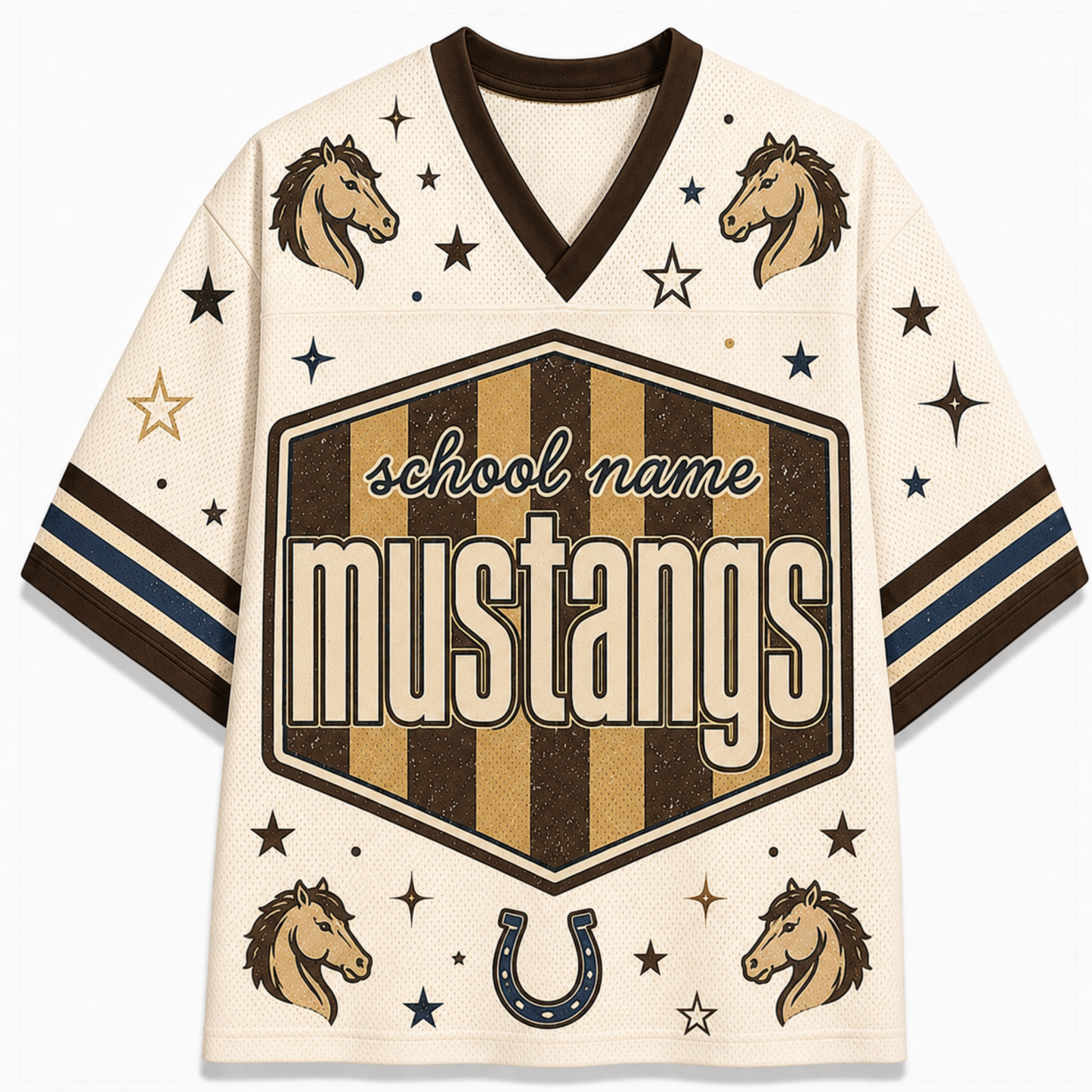 A cream-colored athletic-style jersey with brown and navy details, featuring the text 'school name mustangs' inside a shield graphic, horse head illustrations, stars, and a horseshoe.