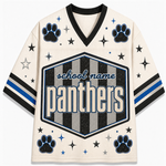 A cream-colored hockey-style jersey with black and blue accents, featuring paw prints, stars, and a large central shield graphic that reads 'school name panthers'.