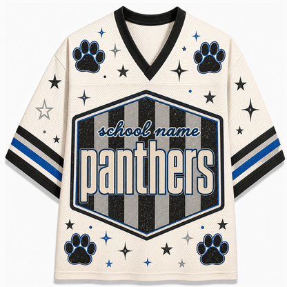 A cream-colored hockey-style jersey with black and blue accents, featuring paw prints, stars, and a large central shield graphic that reads 'school name panthers'.
