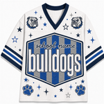 A white mesh V-neck football jersey with navy and blue graphics, featuring bulldog head logos, paw prints, stars, and a central shield with the text 'school name bulldogs'.