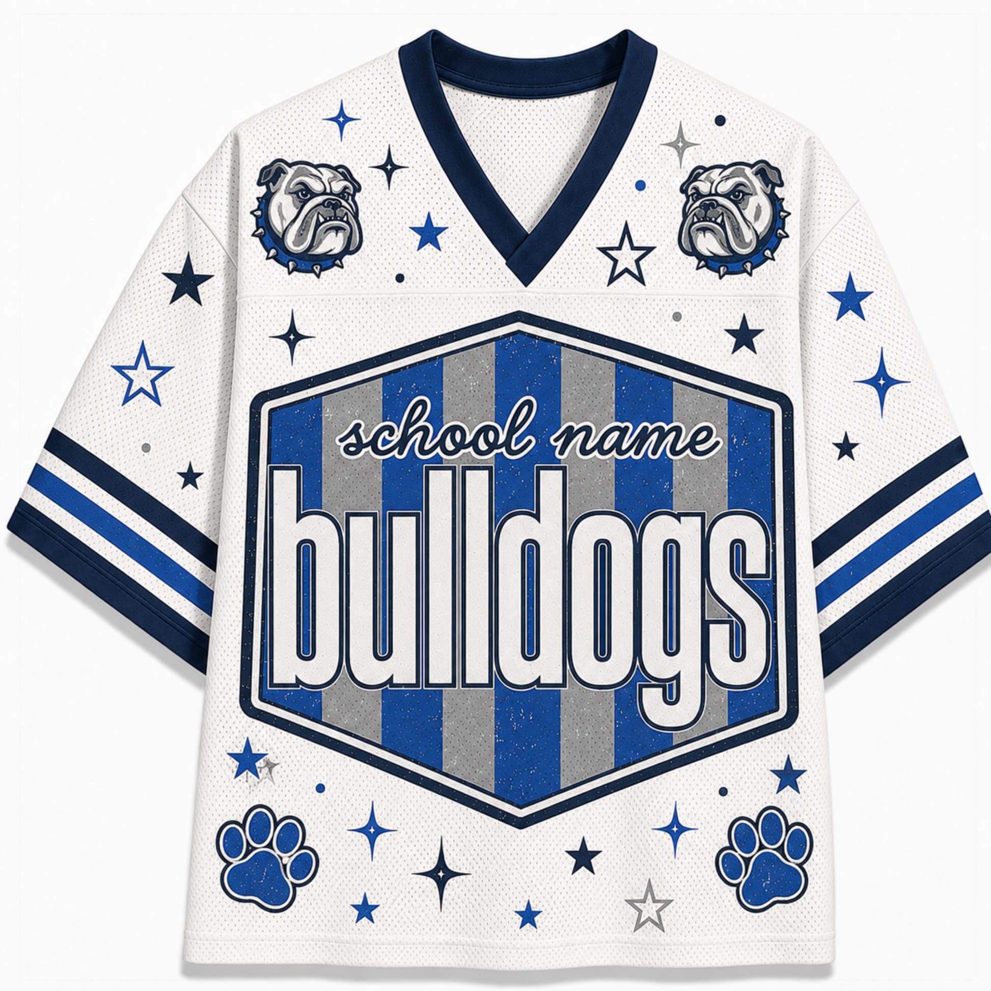A white mesh V-neck football jersey with navy and blue graphics, featuring bulldog head logos, paw prints, stars, and a central shield with the text 'school name bulldogs'.
