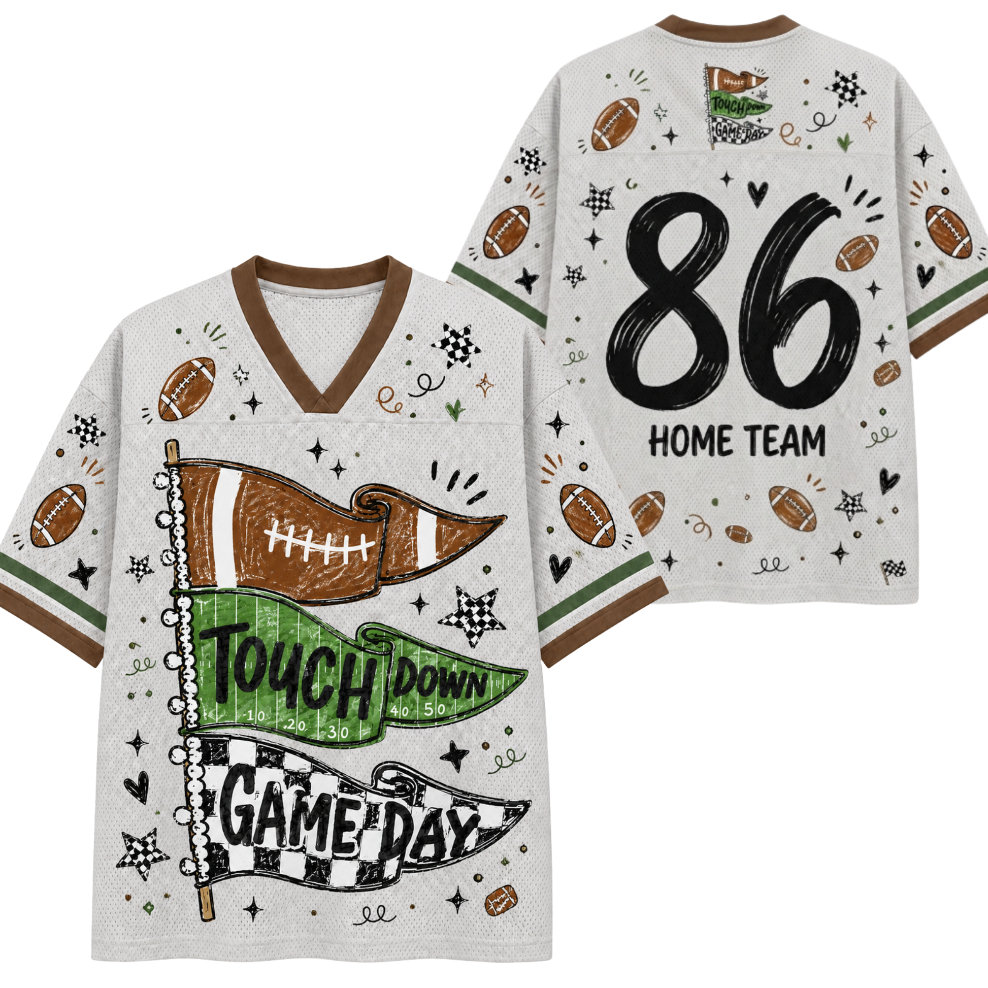 Front and back mockup preview of the light grey Chaotic Club football jersey featuring chalk-drawn pennant flags, number 86, and 'HOME TEAM' back text.