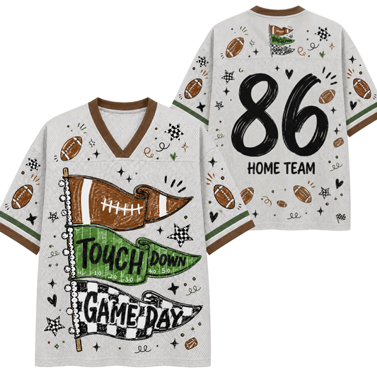 Front and back mockup preview of the light grey Chaotic Club football jersey featuring chalk-drawn pennant flags, number 86, and 'HOME TEAM' back text.