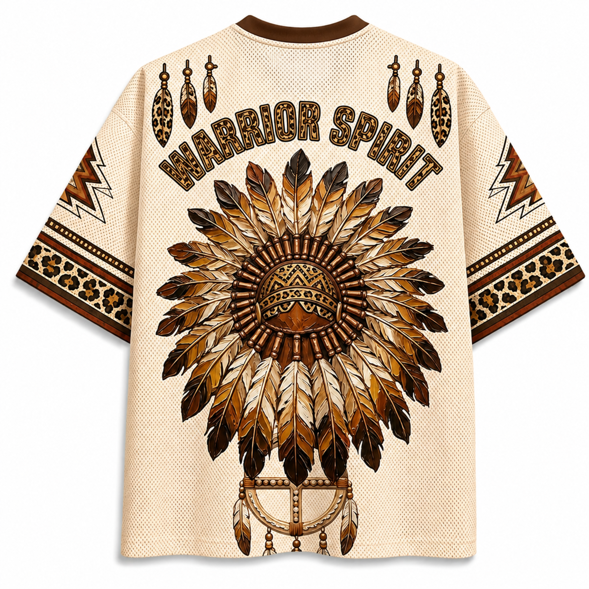 A cream-colored short-sleeve t-shirt with a brown and tan Native American-inspired graphic print on the back. The design features the words 'WARRIOR SPIRIT' in a leopard-print font, a large feathered headdress motif, leopard print details on the sleeves, and a brown collar.