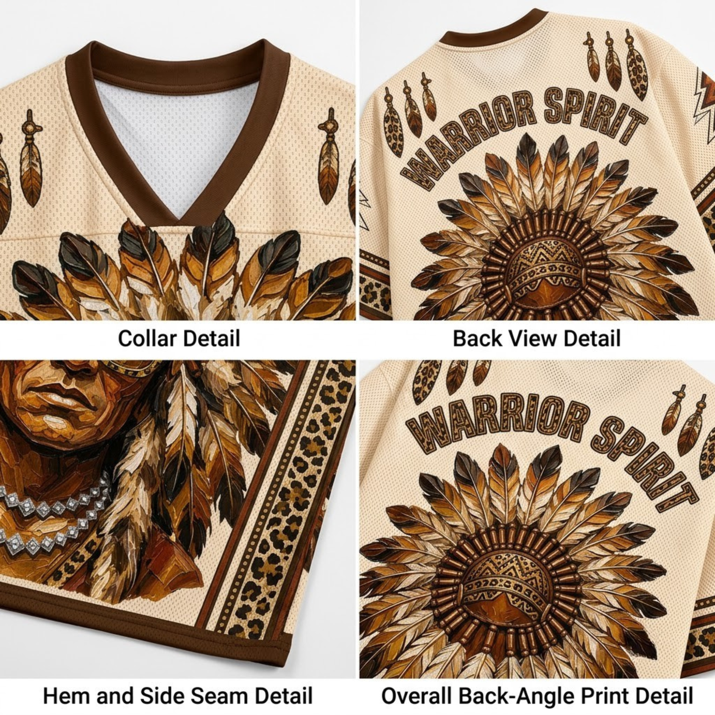 Four-panel product detail collage showing a cream mesh athletic jersey with brown trim and a large brown feathered sunburst graphic on the back, plus close-ups of the collar, hem, side seam, and back print. Text labels identify each section.