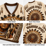 Four-panel product detail collage showing a cream mesh athletic jersey with brown trim and a large brown feathered sunburst graphic on the back, plus close-ups of the collar, hem, side seam, and back print. Text labels identify each section.