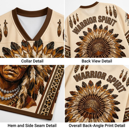 Four-panel product detail collage showing a cream mesh athletic jersey with brown trim and a large brown feathered sunburst graphic on the back, plus close-ups of the collar, hem, side seam, and back print. Text labels identify each section.