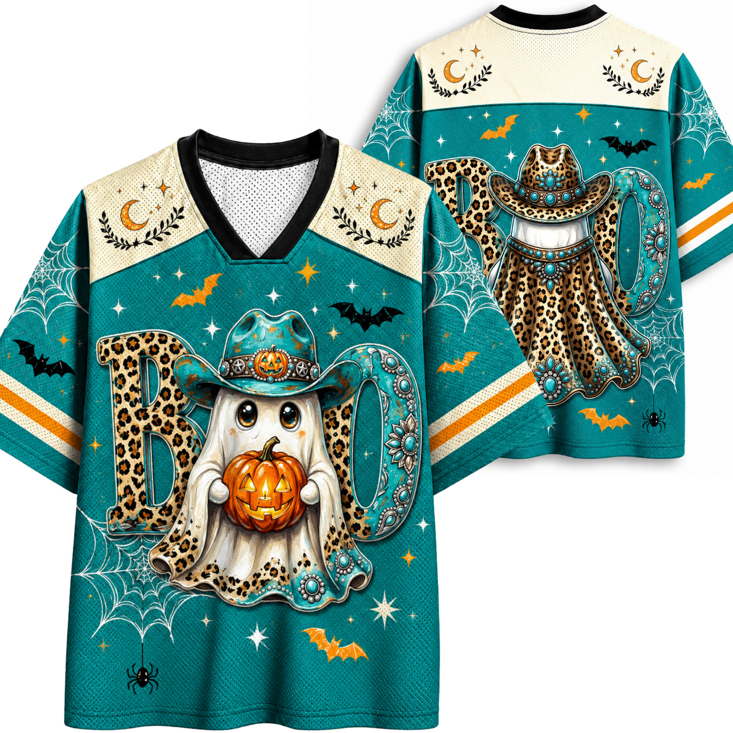 Front and back mockup of the teal and cream Chaotic Club mesh jersey displaying a cute cowboy ghost with a pumpkin on the front and a spooky western ghost on the back.