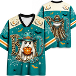 Front and back mockup of the teal and cream Chaotic Club mesh jersey displaying a cute cowboy ghost with a pumpkin on the front and a spooky western ghost on the back.