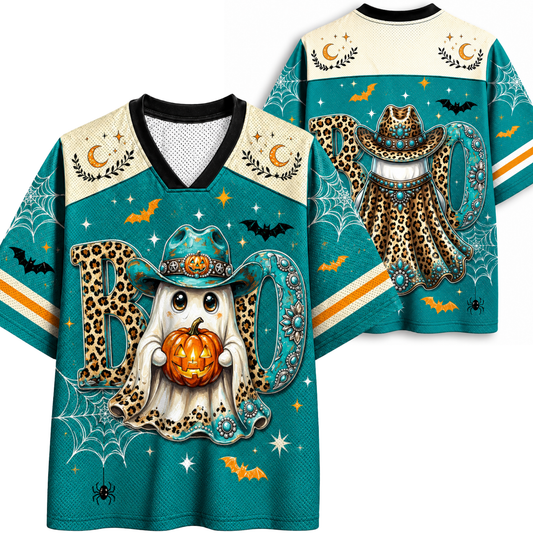 Front and back mockup of the teal and cream Chaotic Club mesh jersey displaying a cute cowboy ghost with a pumpkin on the front and a spooky western ghost on the back.