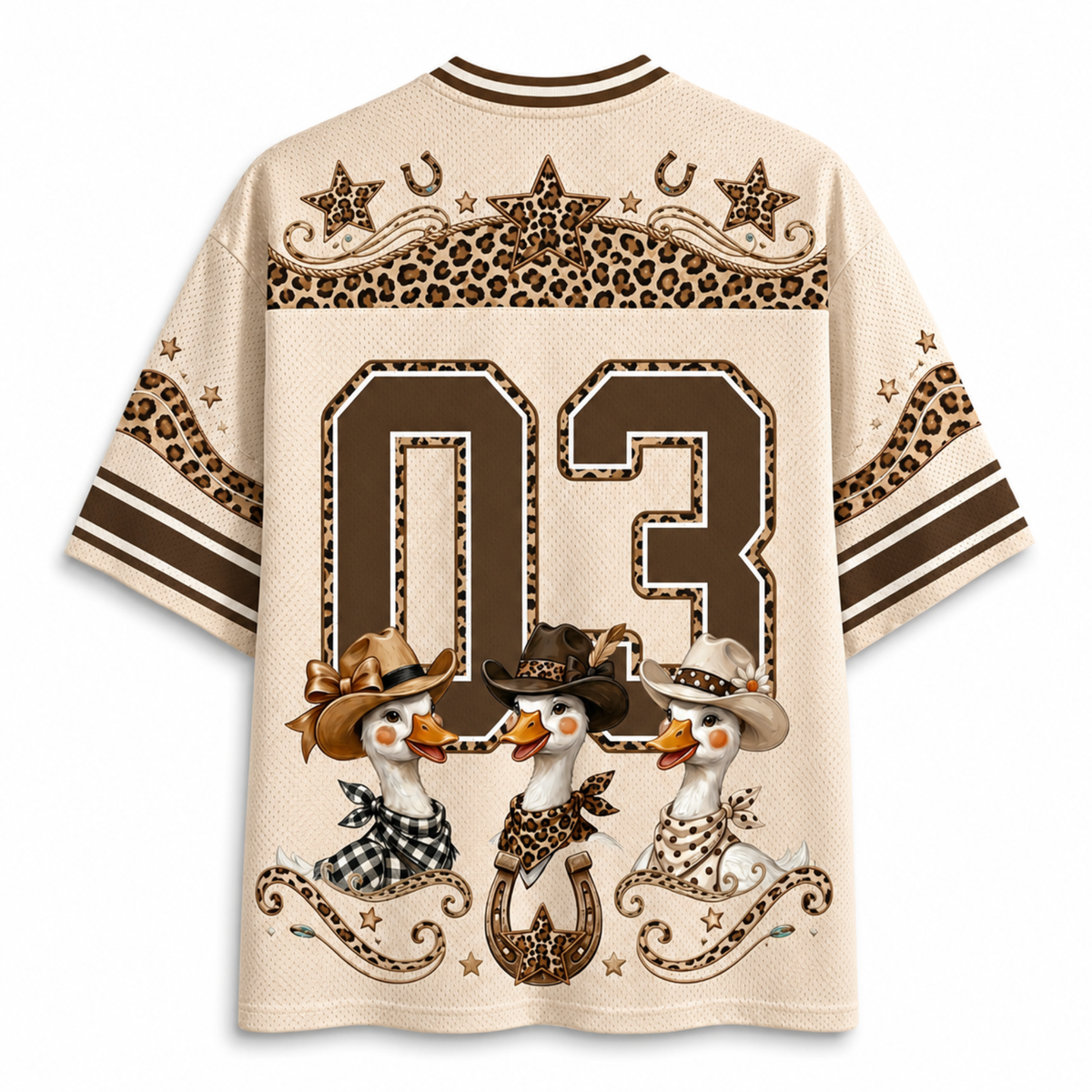 Chaotic Club Western Cowgirl Goose Leopard Checkered Polka Mesh Jersey - back view with number 03 graphic