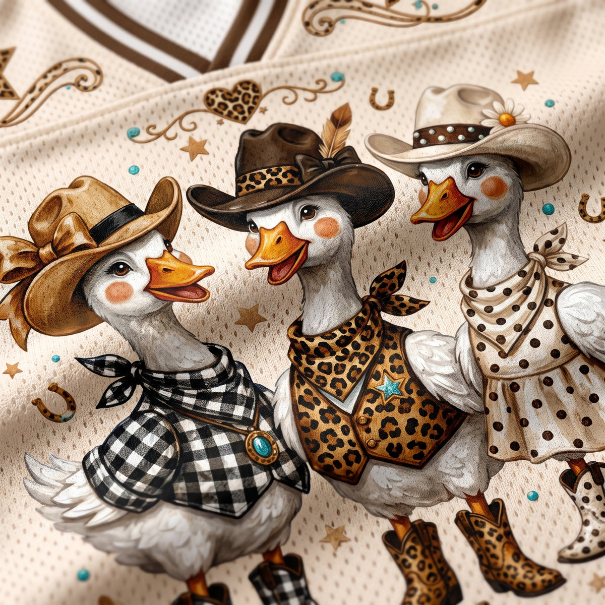 Chaotic Club Western Cowgirl Goose Leopard Checkered Polka Mesh Jersey - close-up of checkered pattern goose graphic
