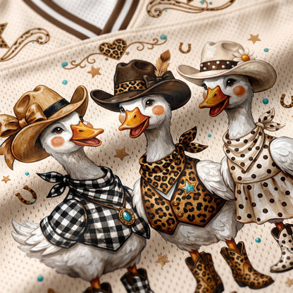 Chaotic Club Western Cowgirl Goose Leopard Checkered Polka Mesh Jersey - close-up of checkered pattern goose graphic