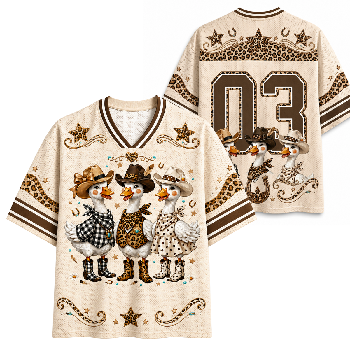 Chaotic Club Western Cowgirl Goose Leopard Checkered Polka Mesh Jersey - front and back view with cowgirl goose trio graphic
