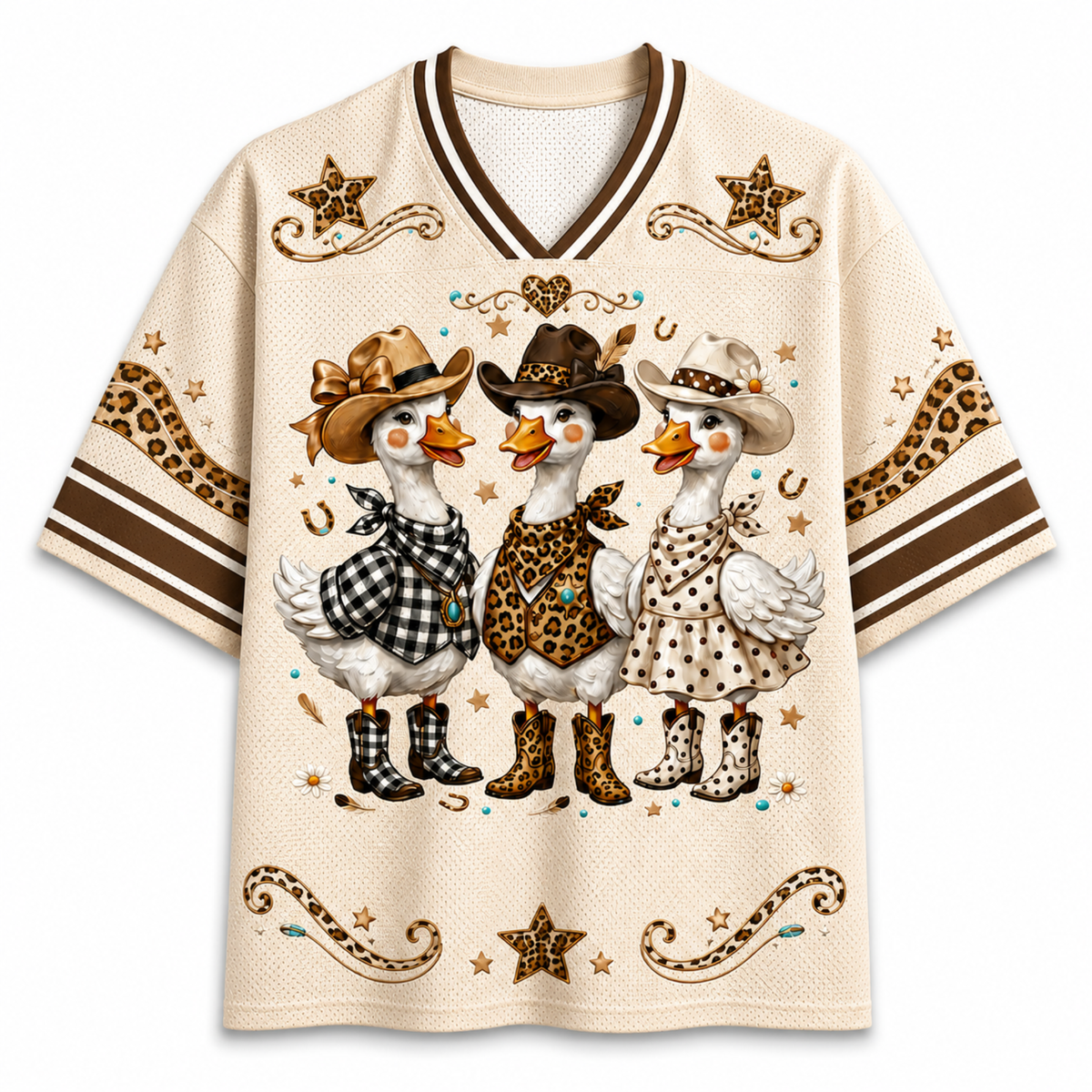 Chaotic Club Western Cowgirl Goose Leopard Checkered Polka Mesh Jersey - front view with western cowgirl goose graphic