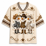 Chaotic Club Western Cowgirl Goose Leopard Checkered Polka Mesh Jersey - front view with western cowgirl goose graphic