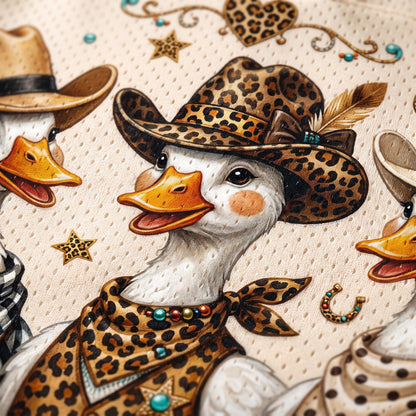 Chaotic Club Western Cowgirl Goose Leopard Checkered Polka Mesh Jersey - close-up of leopard print cowgirl goose graphic