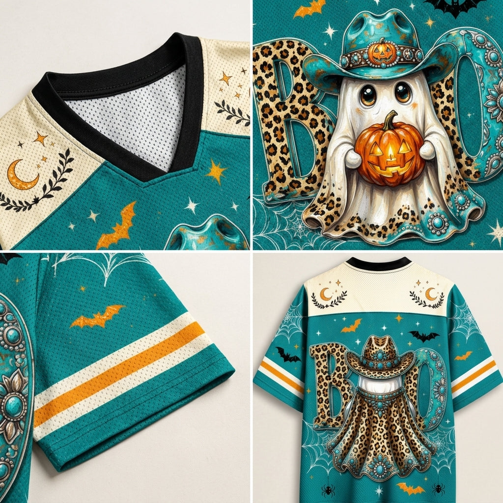 A 4-panel collage showing details of a teal and cream short-sleeve V-neck shirt with a Halloween graphic. The top-right panel shows the back design featuring a ghost in a leopard-print witch hat holding a jack-o'-lantern, with a large leopard-print 'B' in the background.