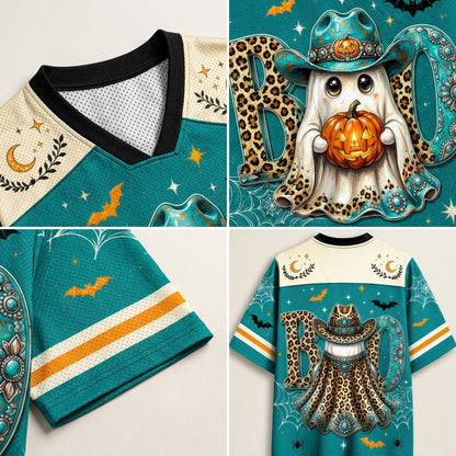 A 4-panel collage showing details of a teal and cream short-sleeve V-neck shirt with a Halloween graphic. The top-right panel shows the back design featuring a ghost in a leopard-print witch hat holding a jack-o'-lantern, with a large leopard-print 'B' in the background.