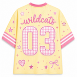 Back view of the Chaotic Club jersey showcasing 'wildcats' cursive text above a large pink gingham patterned number 03 with pink star doodles.