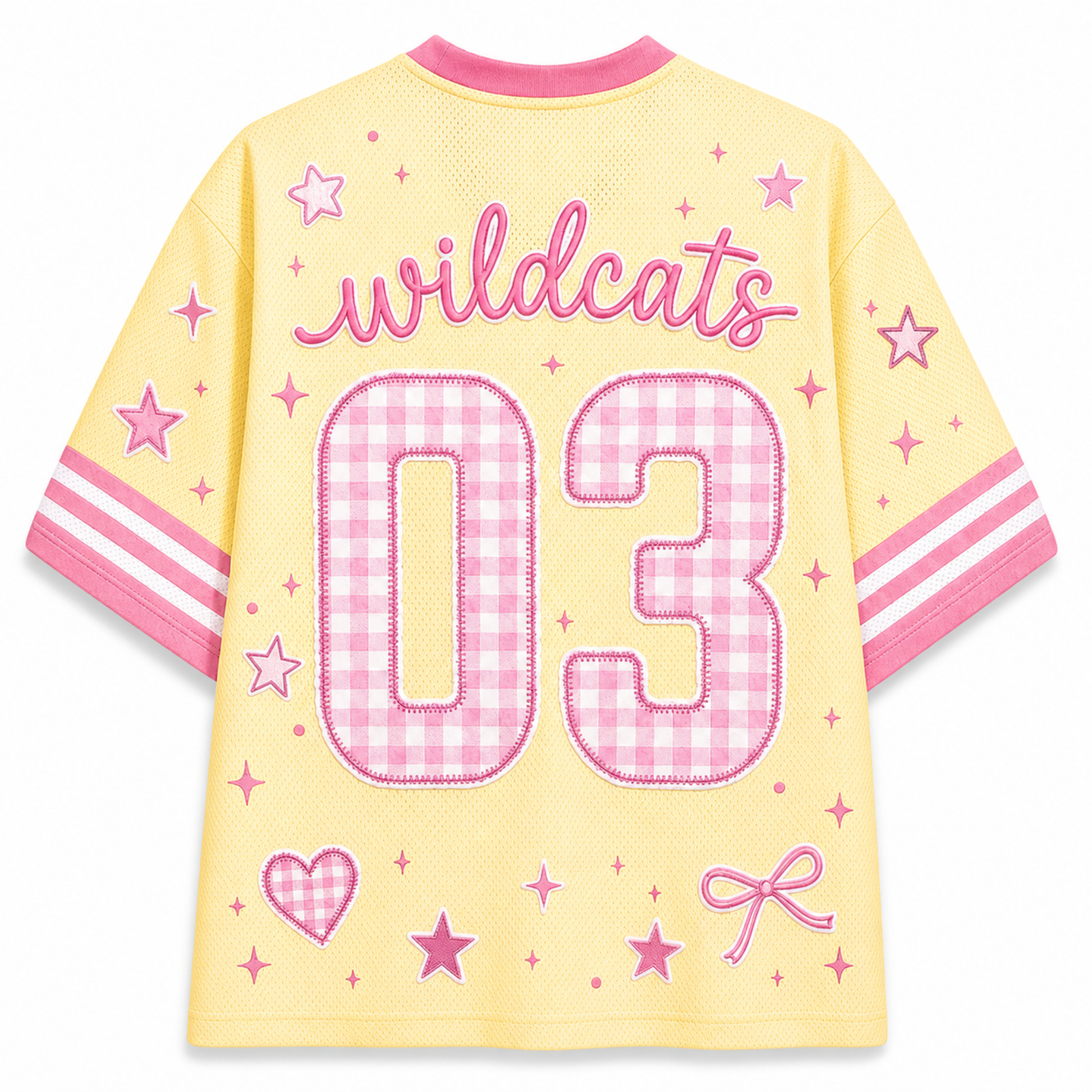 Back view of the Chaotic Club jersey showcasing 'wildcats' cursive text above a large pink gingham patterned number 03 with pink star doodles.