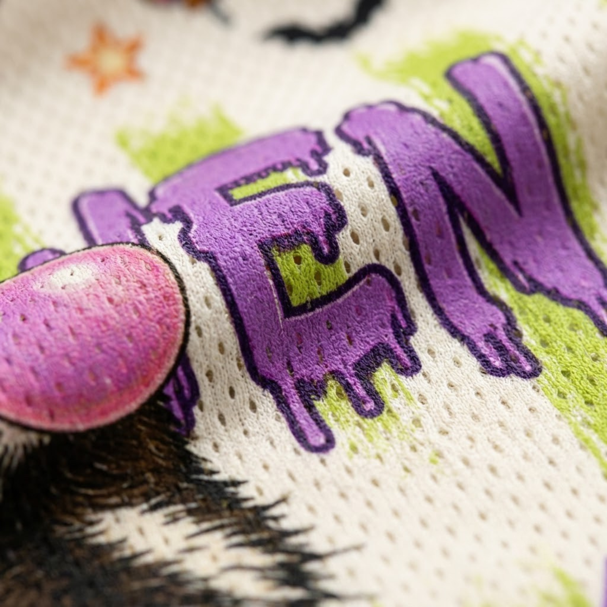 Close-up of a white knit fabric with a colorful graphic print featuring purple dripping letters, lime green accents, a pink circular element, and a black-and-white animal face.