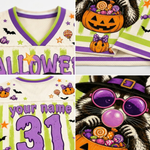 A four-panel close-up collage of a custom Halloween-themed sports jersey. The jersey features a cream mesh base with purple and lime green trim, 'HALLOWEEN' text, a large number '31', and a custom name placeholder.