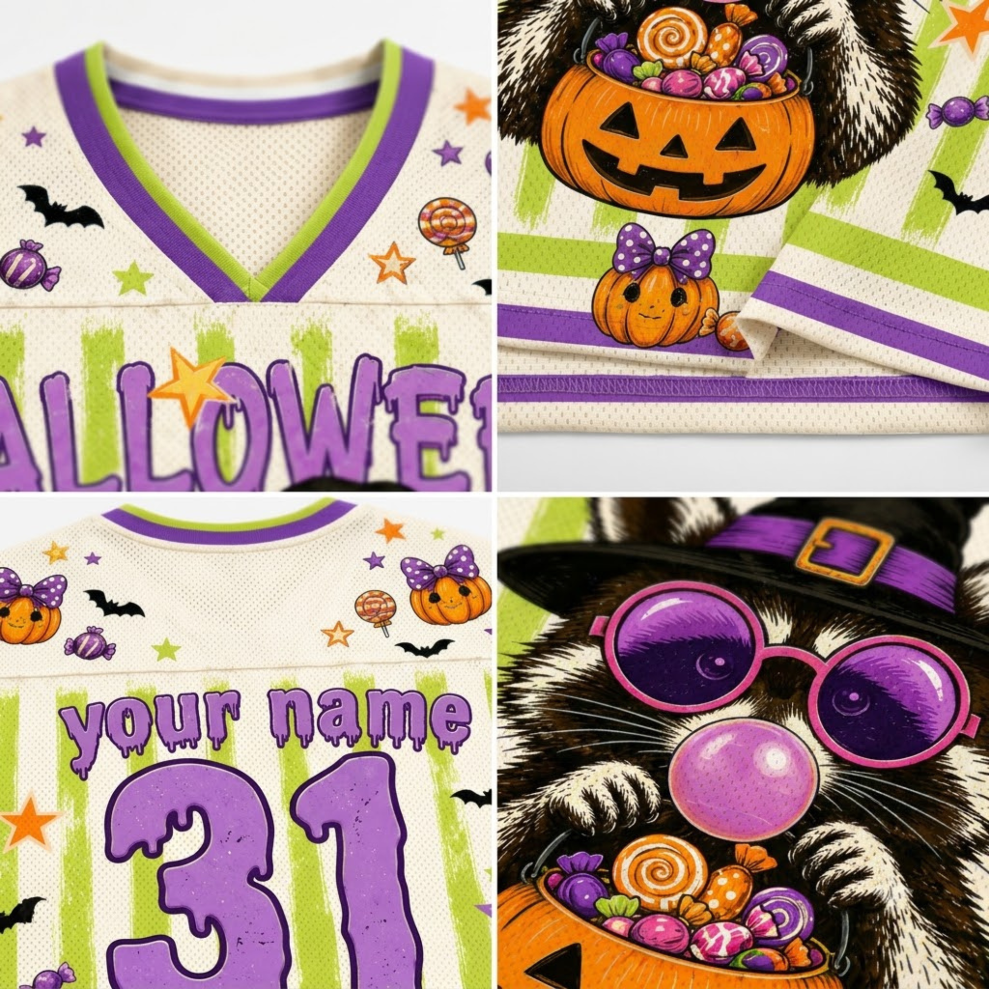 A four-panel close-up collage of a custom Halloween-themed sports jersey. The jersey features a cream mesh base with purple and lime green trim, 'HALLOWEEN' text, a large number '31', and a custom name placeholder.