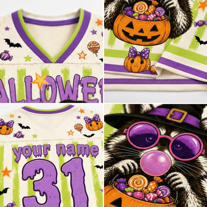 A four-panel close-up collage of a custom Halloween-themed sports jersey. The jersey features a cream mesh base with purple and lime green trim, 'HALLOWEEN' text, a large number '31', and a custom name placeholder.