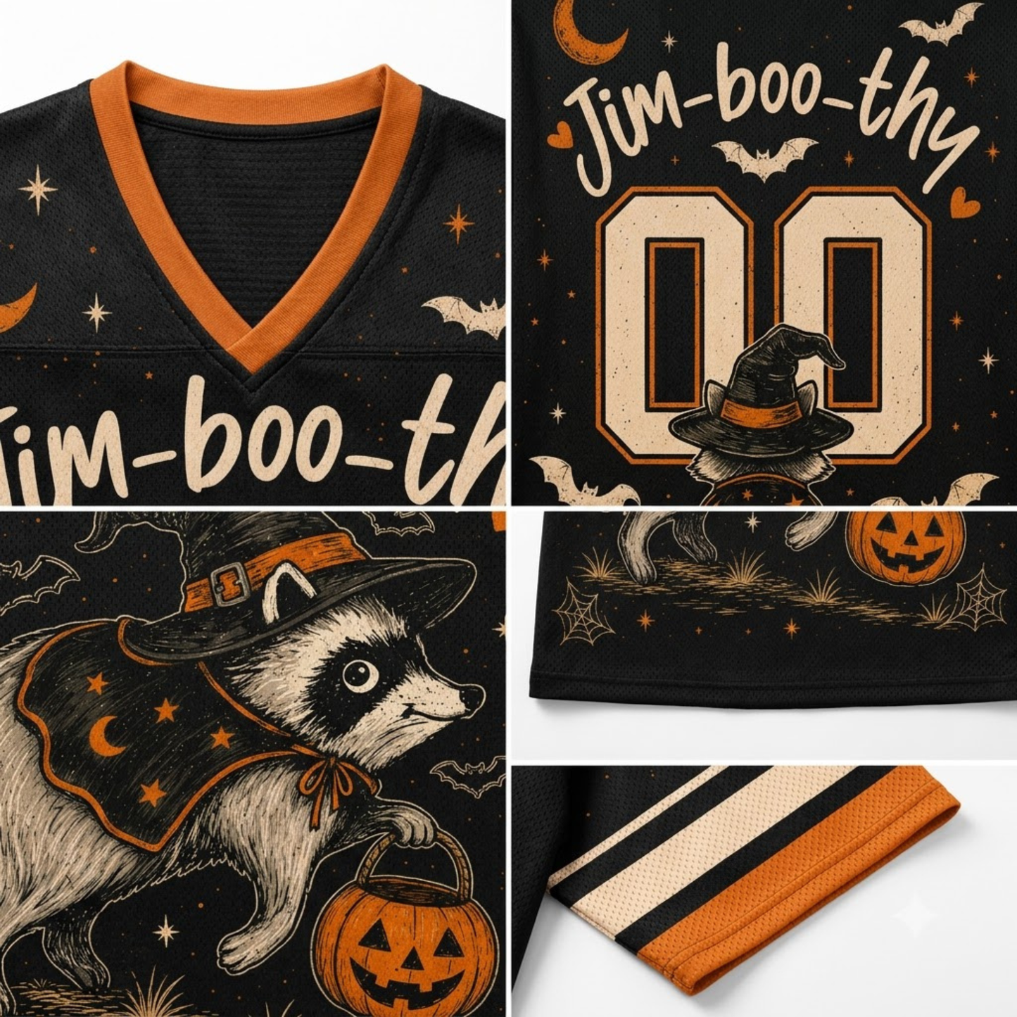 A four-panel close-up collage of a black Halloween-themed football jersey. The top-left panel shows a V-neck collar with orange trim and part of the 'Jim-boo-thy' text.