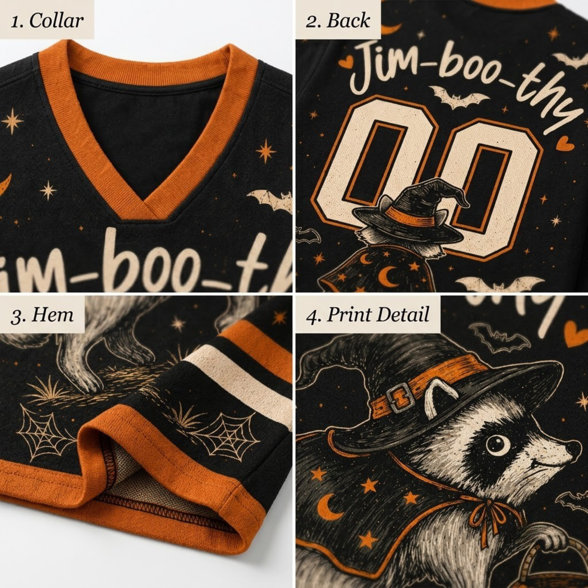 Four-panel product detail collage showing a black V-neck top with orange trim and Halloween-themed graphics: partial front text, back with large '00' and 'Jim-boo-thy', hem with spiderwebs and orange trim, and a raccoon print detail wearing a witch hat.
